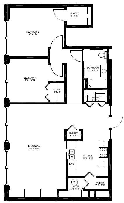 Floor plan for 2 beds, 1 bath, 1090 sqft